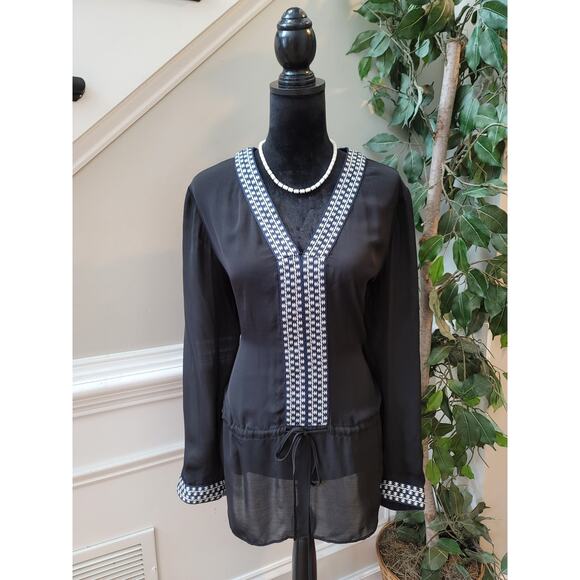 Premise Studio Tunic Blouse Women's Large Black White Long Sleeve Sheer Top - Picture 1 of 13
